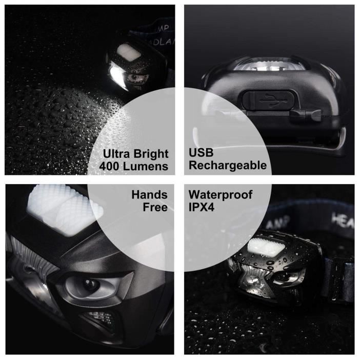 Apunol Lampe Frontale Led Rechargeable USB Torche Frontale Puissante avec 400LM,