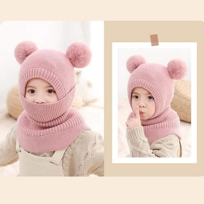 Chapeau Bonnet Enfant Hiver Bebe Cagoule Bebe Fille Garcon Mignon Bonnet Echarpe Chaud Double Pompon Cagoule pour Ski Snowboard