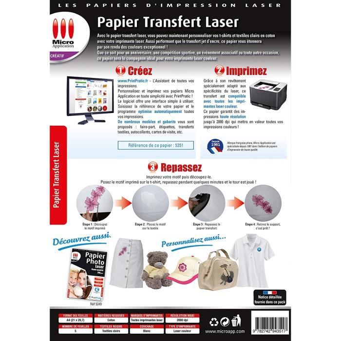 Papier transfert pour textile clair - 5 feuilles - Transferts et  Thermocollants - 10 Doigts