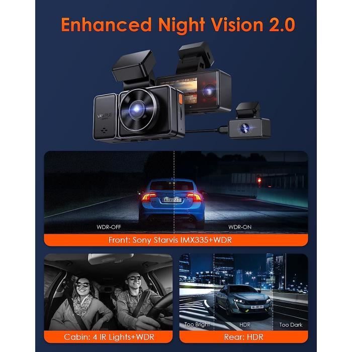 VANTRUE N4 Triple Dashcam Voiture 2.5K+2.5K+1080P, Camera Embarquée 4k HDR  30FPS Avant et Arrière, 3 Canuax 360 Degrés 24h. Mode Parking Jour et Nuit,  Vision Nocturne IR, WDR 2.45 Max 512Go 