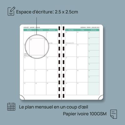 Agenda De Poche POPRUN 2025 - Format A6, Couverture PU, 1 Page Par Jour, Vert