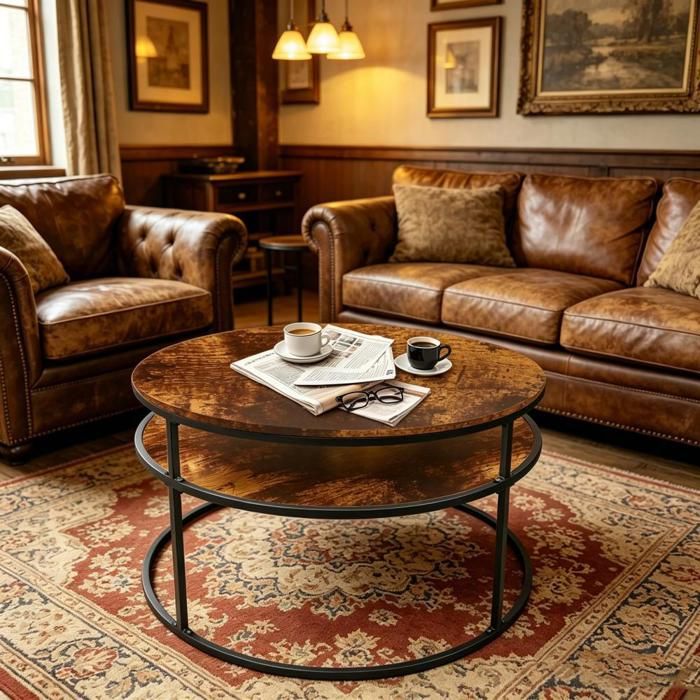 Table Basse Relevable Ronde Table Basse Ronde Relevable 60cm Style Industriel avec Compartiment de ...
