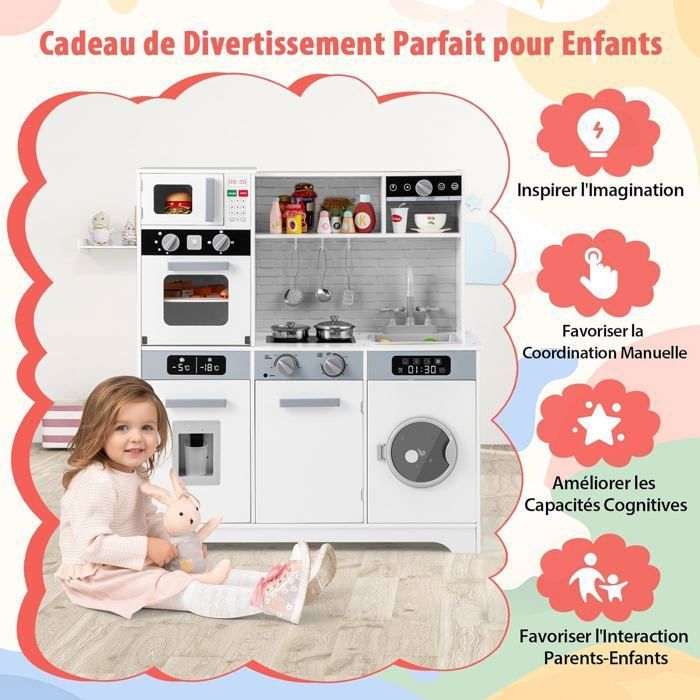 COSTWAY Cuisine Enfant En Bois Rose – Avec Micro-ondes, évier, Four, 7 Accessoires – Jeu D'imitation Dès 3 Ans