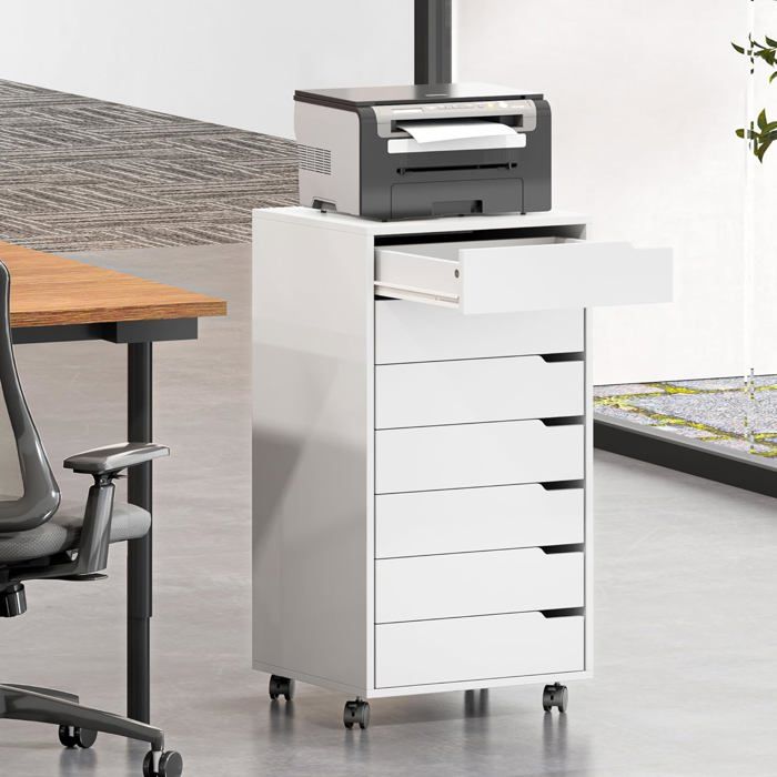SogesHome Caisson De Bureau Mobile à Roulettes Verrouillables - Meuble Rangement Dossiers 7 Tiroirs Avec Support Imprimante, Blanc