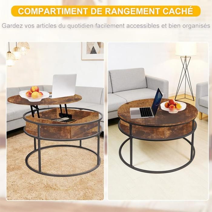 Table Basse Relevable Ronde Table Basse Ronde Relevable 60cm Style Industriel avec Compartiment de ...