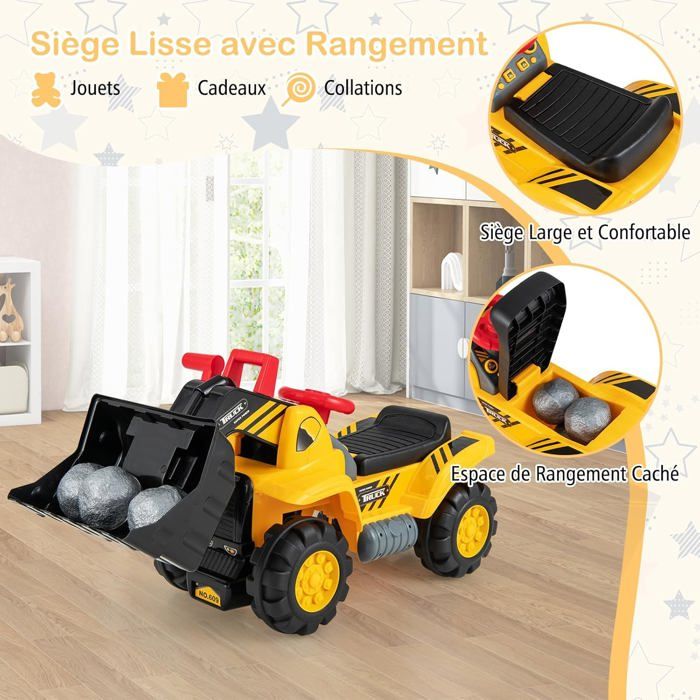 Excavatrice Tracteur COSTWAY – Pelle Manuelle, Sons, Rangement – 4 Roues HDPE – Casque – 3 Ans+