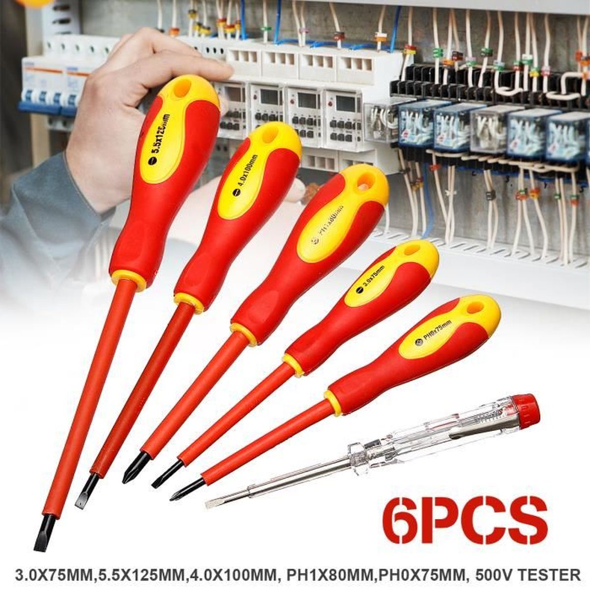 6pcs Tournevis isolant électricien à poignée caoutchouc plat