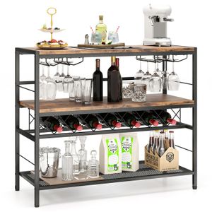 COSTWAY Casier à Vin Autoportant pour 7 Bouteilles et 16 Verres, Meuble Range Bouteille à 4 Niveaux, 4 Rangées de Porte-verres
