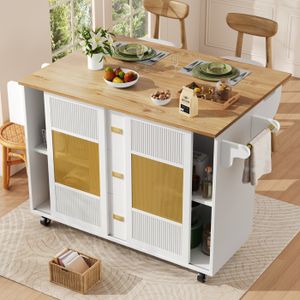 Îlot De Cuisine Modulable 120x43 Cm - Bois Blanc Avec Roulettes - Table à Manger Roulante Et Rangement