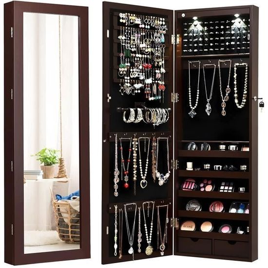 Coffret Bijoux Verrouillable Armoire à Bijoux Avec Miroir Pleine Longueur Rotative à 360° Avec Rangement Bijoux Organisé Crochets