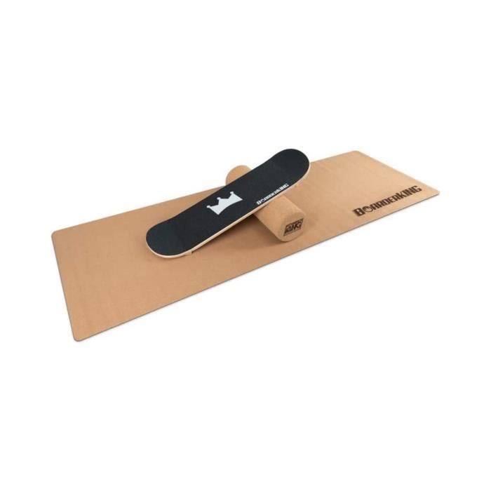BoarderKING - Kit Indoorboard skate : planche d'équilibre + tapis + rouleau - Bois-liège noir