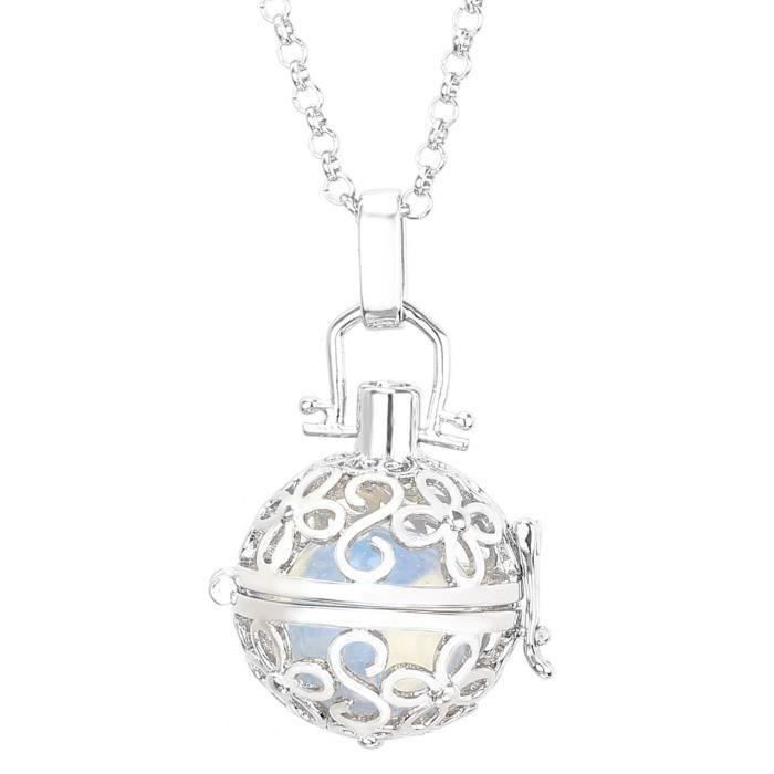 Bola de Grossesse Platiné Quatre-feuilles fleur Pierre de lune (Opal) Central avec Collier Chaîne