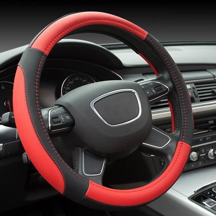 Couvre volant de voiture cuir PU 38 cm (Noir/Rouge)
