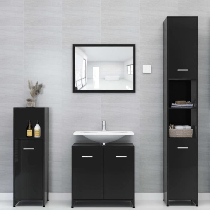 Ensemble de SALLE DE BAIN COMPLETE Ensemble de meubles de salle de bain Contemporain Noir brillant Aggloméré#75489