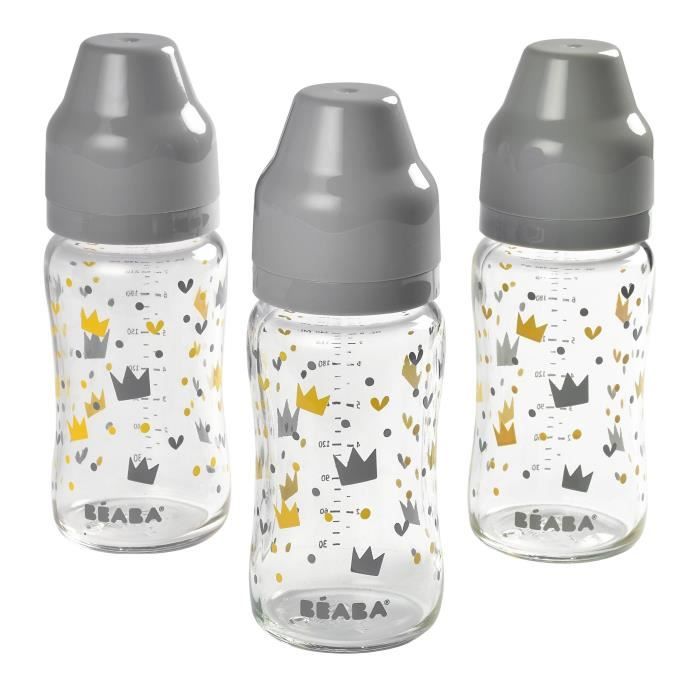 BEABA Set 3 biberons verre col large 240 ml-yellow/grey crown