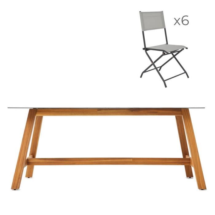 Ensemble table chaise de jardin - BOCARNEA - Table en verre effet mosaique - 180 x 90 x 75 cm - Lot de 6 chaises