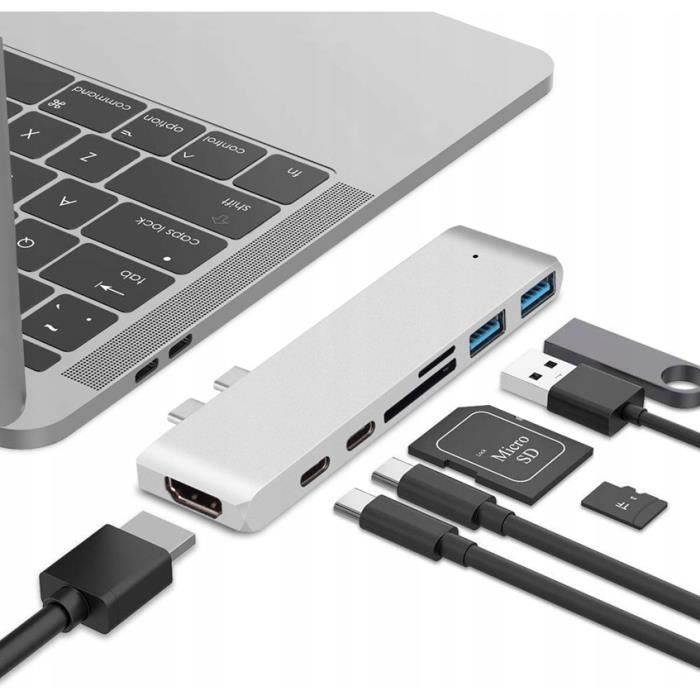 Hub pour ordinateur portable Co2, 7in1 pour Apple, pour MacBook Pro , pour Air Retina, USB-C, HDMI, Carte mémoire SD, Micro SD, 1 x