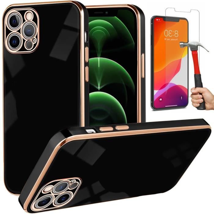 Coque Pour iPhone 12 Pro Max (6,7-) Noir Lot 2 Verres Trempés Fashion Luxe Anti-Rayure TPU Souple Bordure Or