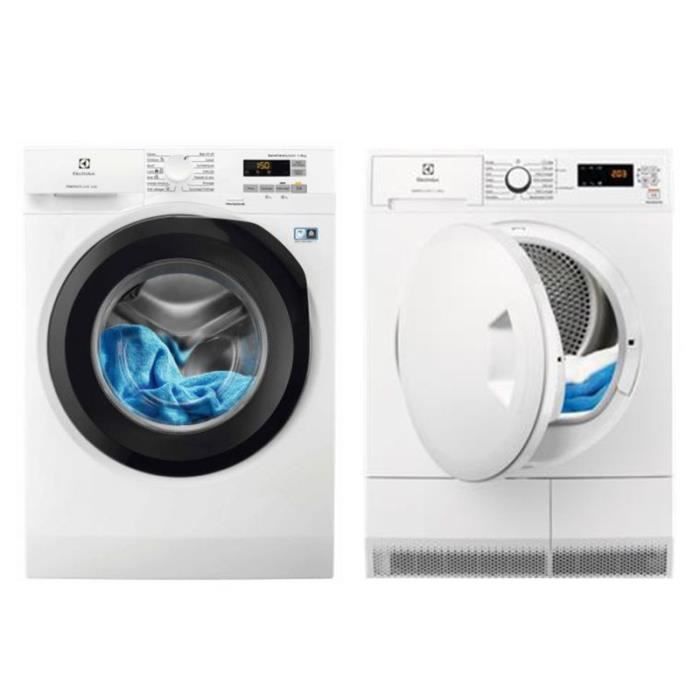 Pack ELECTROLUX Lave-Linge Frontal 9 kg 1400Trs/min SensiCare + Sèche-Linge Frontal 8KG Pompe à Chaleur 65,8 Blanc