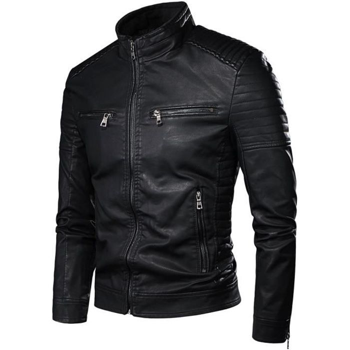 Hommes Vintage PU Cuir Moto Blouson Mode Biker Pocket