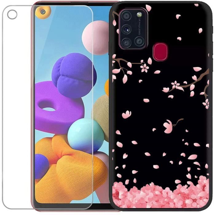 verre trempé + Coque téléphone Pour Samsung Galaxy A21S 6.5- fleur de cerisier Mode Mince TPU Gel Silicone-Pour Samsung Galaxy A21S