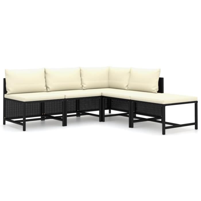 Salon de jardin 5 pcs avec coussins Résine tressée Noir