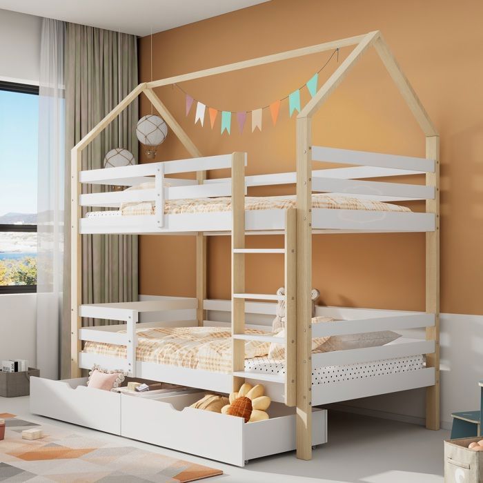 Lit superposé Lit pour enfants 90 x 200 cm avec barrière de sécurité grand espace de rangement - blanc + bois