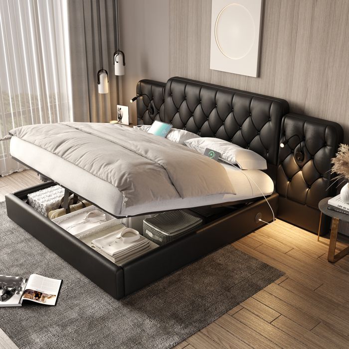 Lit coffre - DREAMMESPACE - 160x200cm - Cuir noir - Tête de lit avec USB - Lampe de lecture