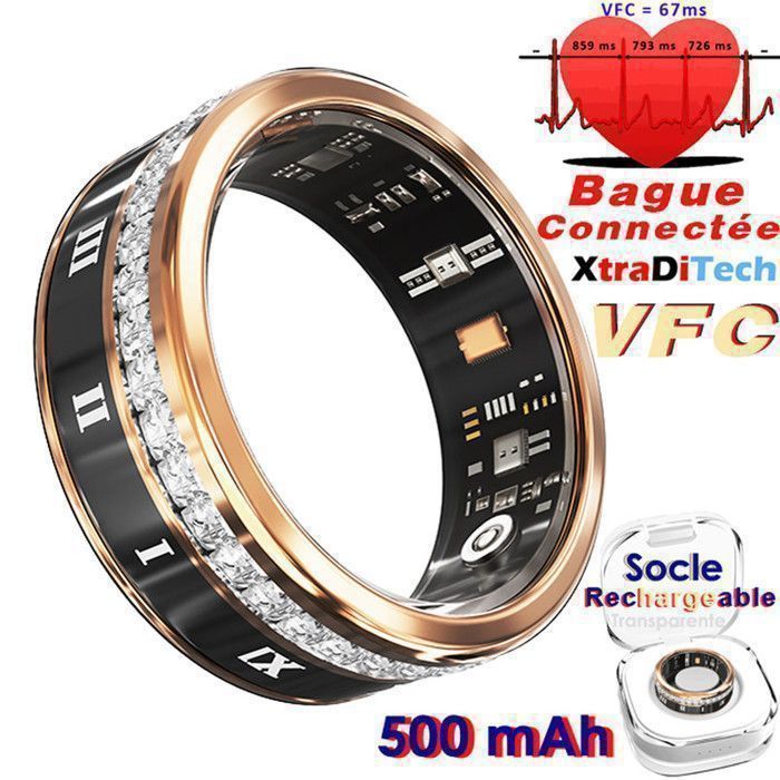 XtraDiTech Montre Connectée Bague Connectée VFC Noir Doré Diamantée Interval Mesure 5 Mins Fréquence Cardiaque/SpO2/Sommeil Ø 182mm