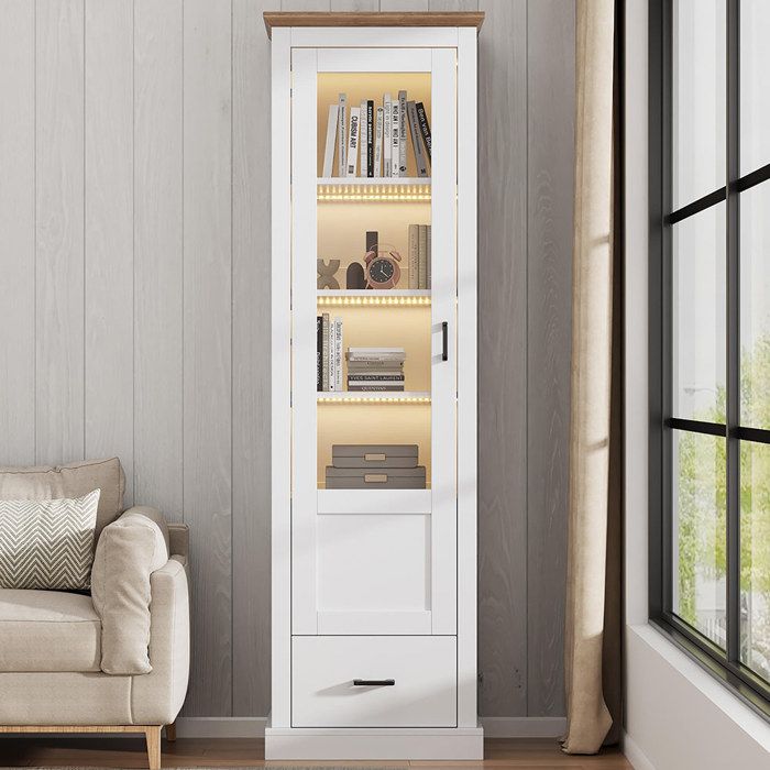 Vitrine LED Blanc avec port USB vitrine sur pied avec décor bois armoire haute avec tiroir MDF