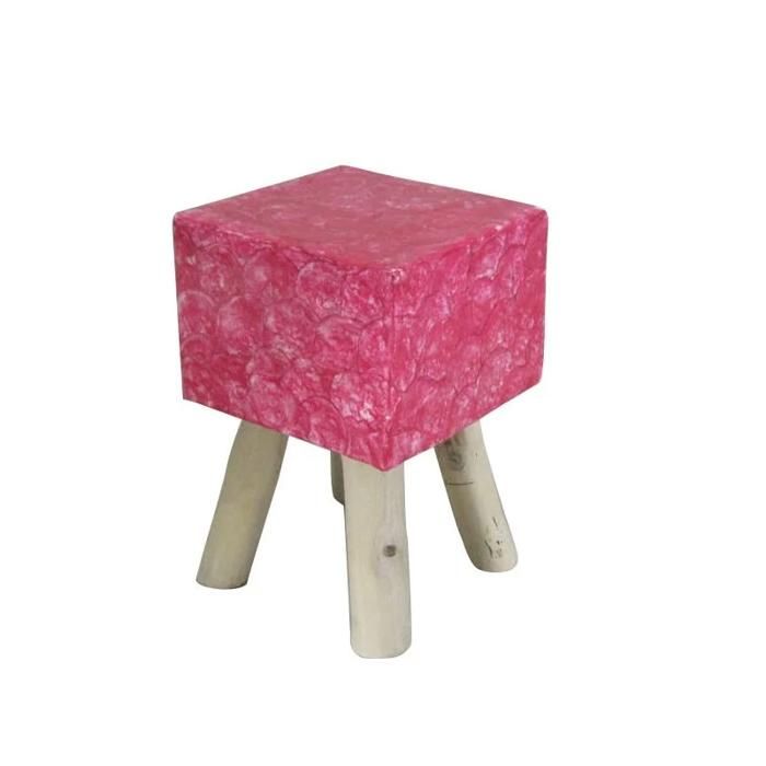 Tabouret carré 30 x 30 cm en bois de teck et nacre rose - GOODY Meubletmoi