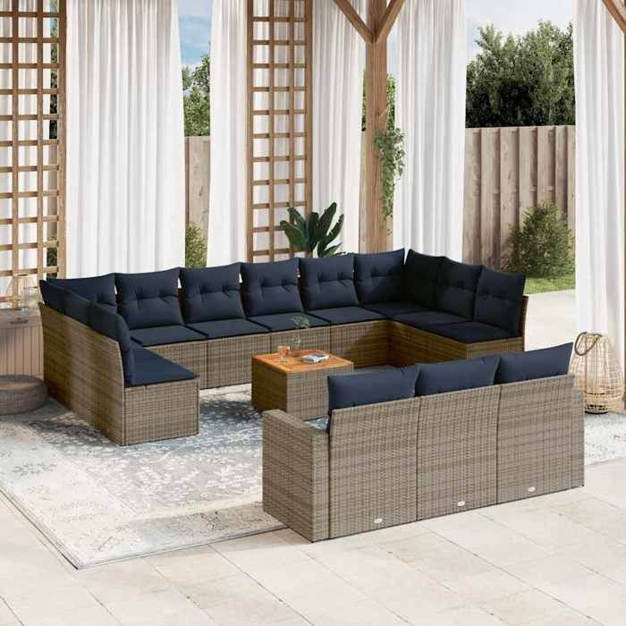 vidaXL Salon de Jardin avec Coussins 14 pcs Canapés de Patio Ensemble de Meubles Mobilier de Terrasse Exterieur Gris 3256698