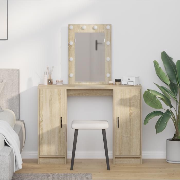 Coiffeuse - Chêne Sonoma - Miroir LED - 2 Rangements - Style Contemporain