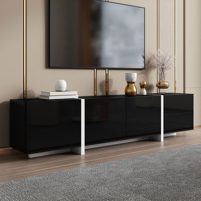Meuble TV meuble bas trois portes et un tiroir meuble noir brillant avec pieds blancs avec bandeau lumineux LED longueur 170cm