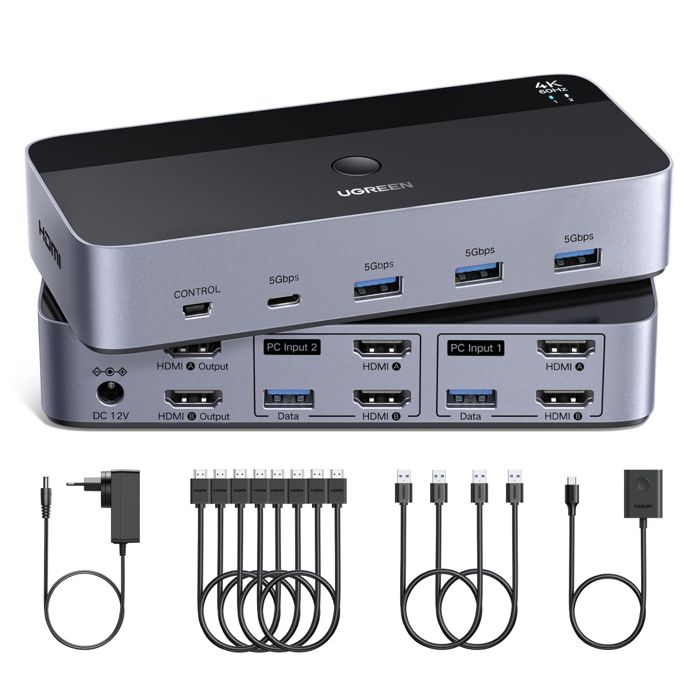UGREEN KVM HDMI 2x2 4K@60Hz Double affichage - 4 ports USB 3.0 (3xA+1xC) avec câbles et alimentation