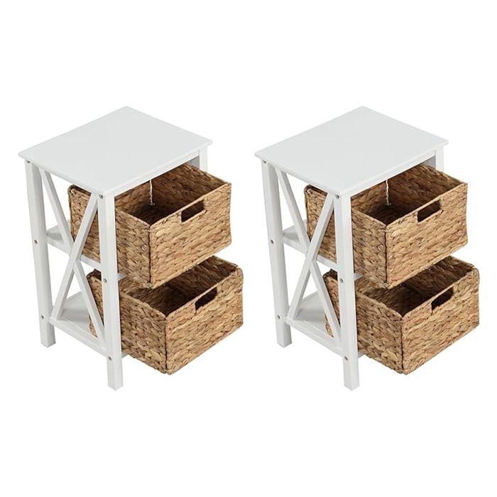 Lot De 2 Tables De Chevet Rotin Naturel Avec Tiroir Magnétique - YMYNY, 35x27x53 Cm, Pieds Bois