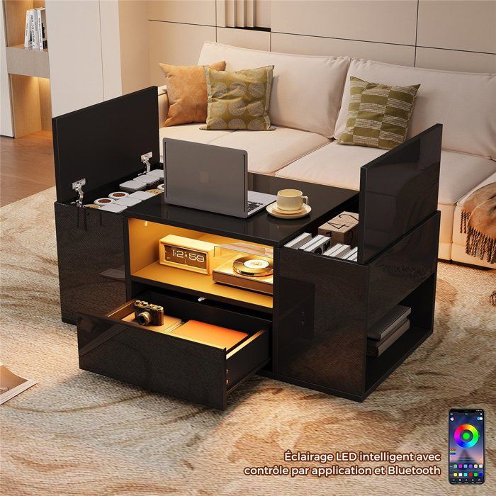 Table Basse Salon Noir Laque Brillant avec LED Contrôle par App Table Basse Moderne Design avec 2 Armoires Tiroirs 100x50x40 cm
