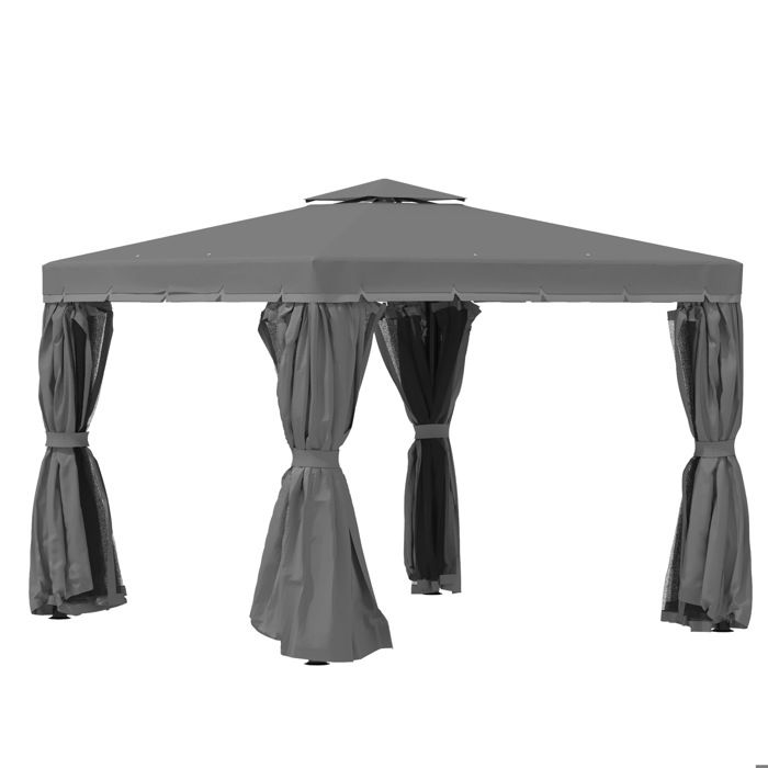 Tonnelle de jardin - Outsunny - 3 x 3 m - barnum avec toit double rideaux et moustiquaire - cadre en aluminium - gris foncé