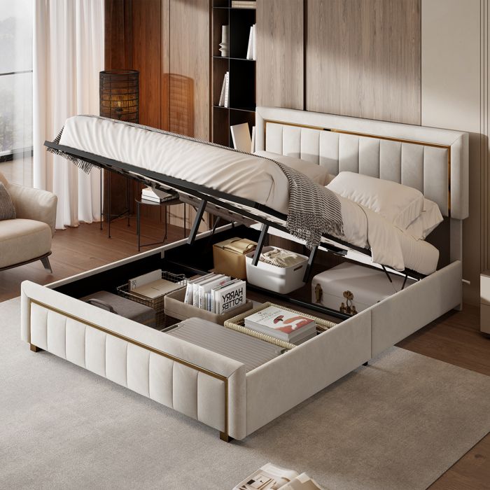 Lit de luxe tapissier - 140x190 cm - Velours crème - Rangement pneumatique - Bord doré