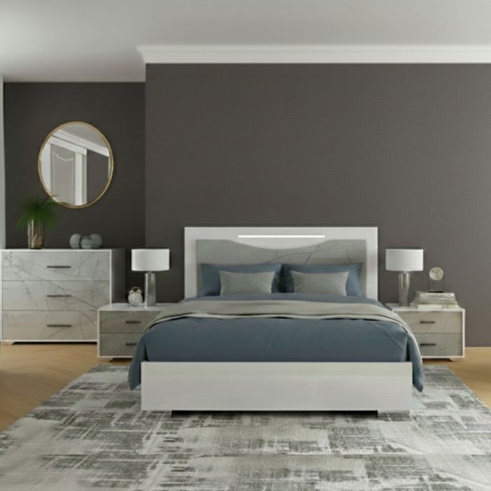 Ensemble Lit 160x200cm + 2 chevets + commode blanc et imitation marbre - GENESIS Ensemble Lit 160x200cm + 2 chevets + commode blanc et imitation marbre - GENESIS