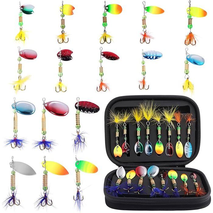 Cuillères de Pêche Spinner Leurres 16PCS Cuillere Peches Truite en Métal Leurres de Pêche Multicolores 16 Pièces * Plume