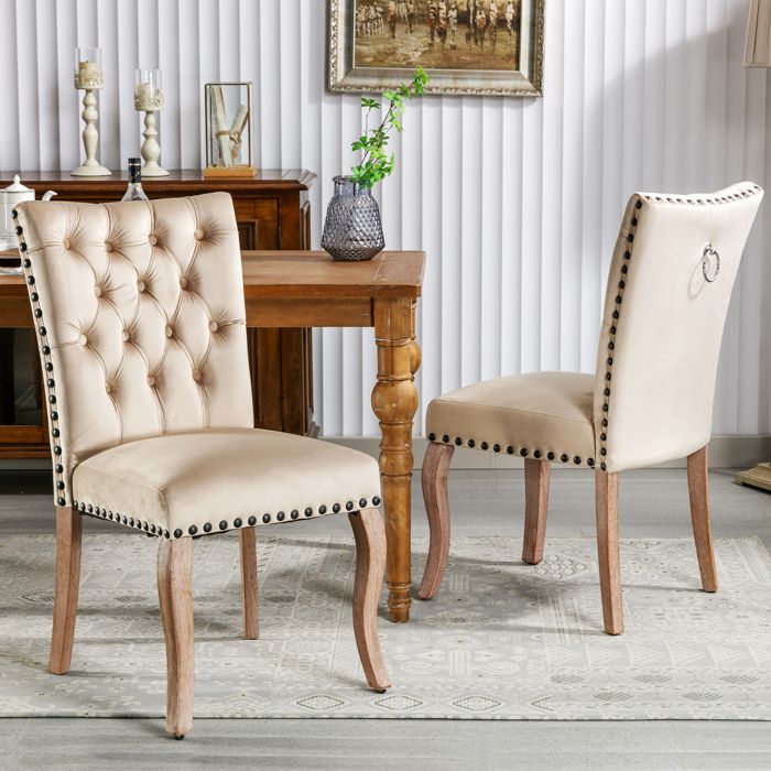 Chaise de Salle à Manger - Lot de 2 Chaises Capitonnées Clous Décoratifs Pieds Bois Massif Velours Beige 49×63×95 cm