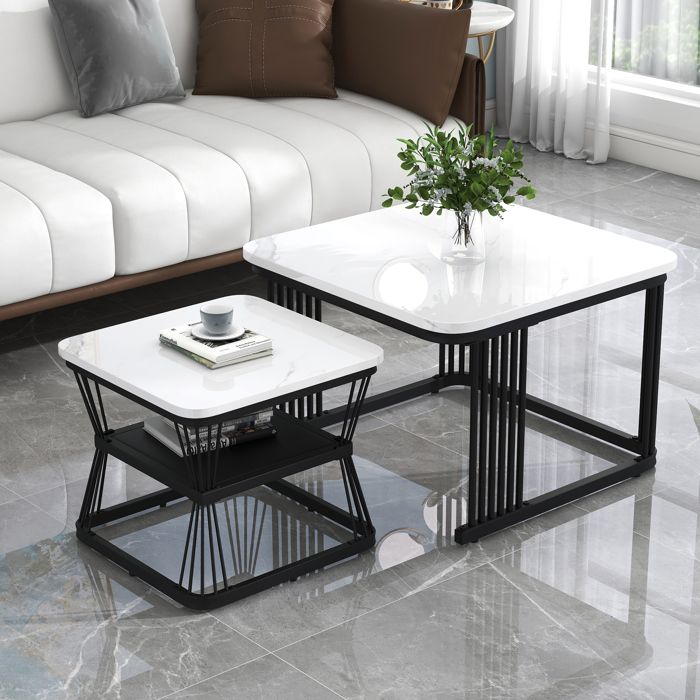 Tables dappoint modernes - Ensemble de 2 pièces - MDF aspect marbre - Pieds en acier noir - 65x65x45 cm - 45x45x395 cm