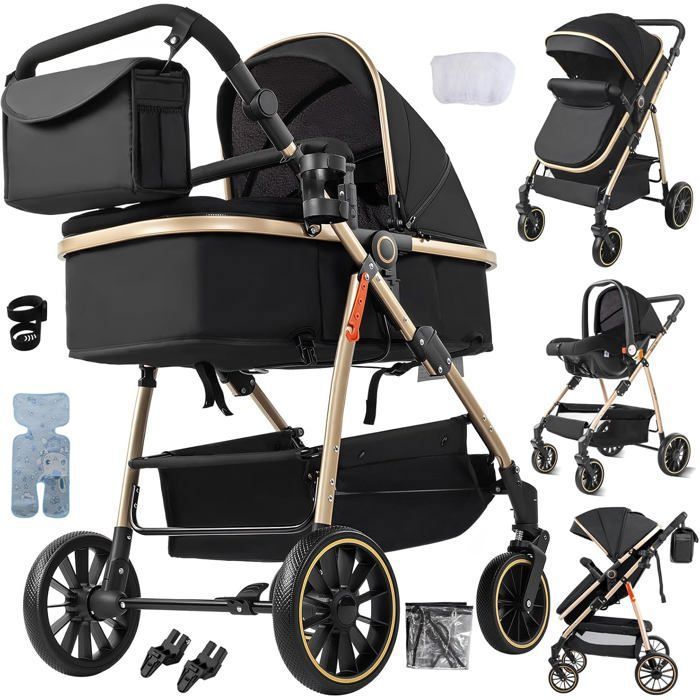 Poussette 3 en 1 Bébé Combinée Pliable 1 Clic Réversible Face Parent/Monde Cadre Aluminium Léger Confort Citadine Compacte