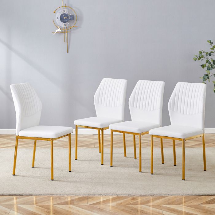 Lot de 4 chaises de salle à manger 43x426x93 cm avec pieds dorés dossier rainuré en PU blanc
