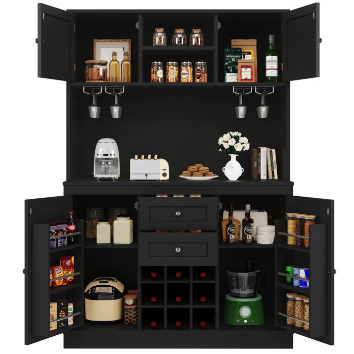 Buffet haut multifonction - HIBA - 120×40×188 cm - 4 portes 2 tiroirs - Étagères réglables - MDF laqué noir