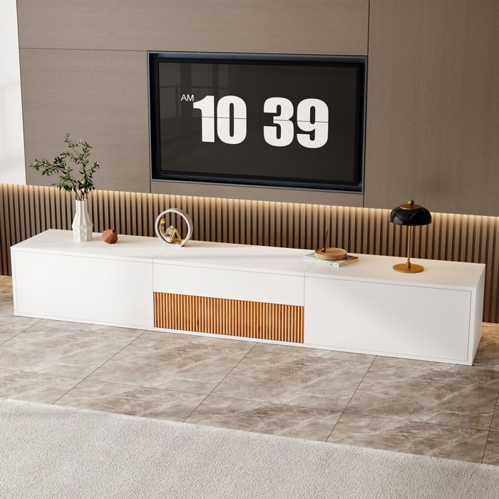 Meuble TV 180x34x30 cm avec support projecteur escamotable pose au sol ou murale panneaux blanc