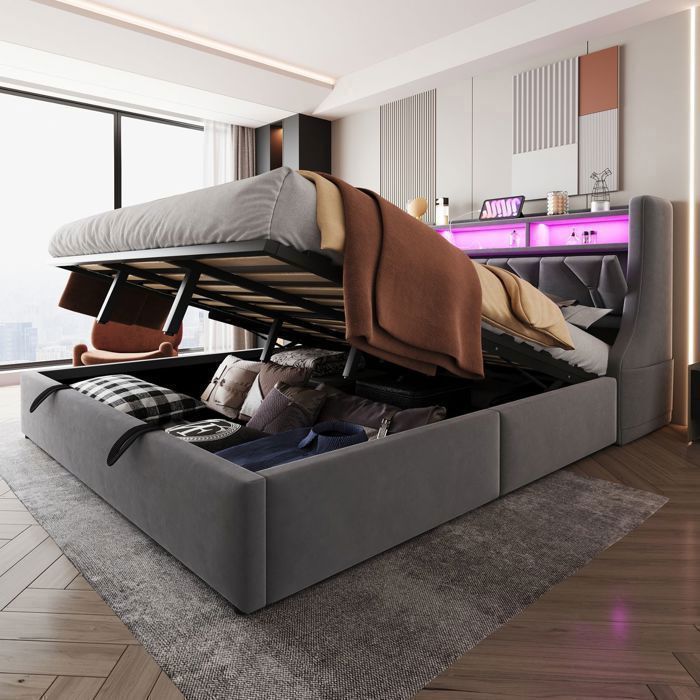 Lit Coffre 180x200 cm avec LED et Ports USB/Type-C - Lit Rembourré - Tête de lit rabattable Rangements Velours Gris Sommier