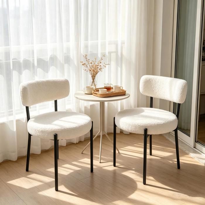 Lot de 2 Chaises Salle à Manger en Tissu Teddy Blanc Avec Sièges rembourrée Ronds Pieds Métal Pour Salon/Café/Bureau