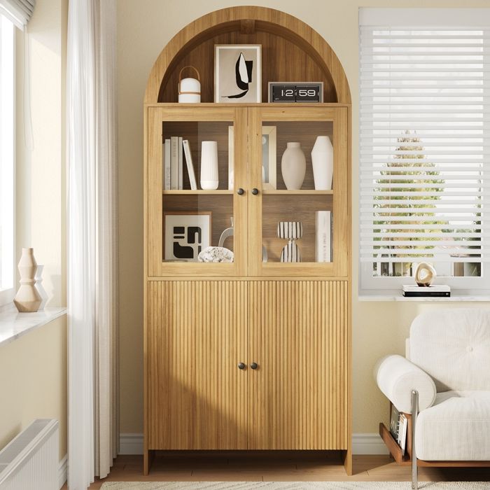 Buffet Haut Moderne Vaisselier Vitrine avec Portes en Verre Armoire de Rangement Motifs Ondulé Meuble de Rangement pour Salon